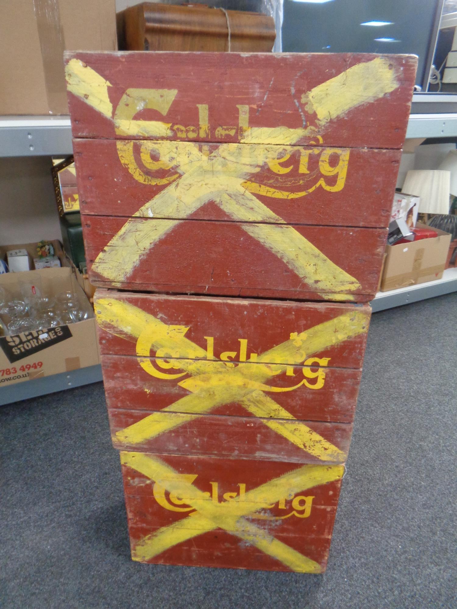 Three vintage brewery crates Carlsberg advertising