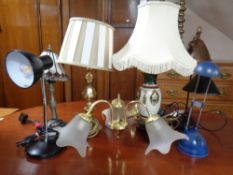 Six assorted brass, ceramic and angle poise table lamps, Tiffany style lamp,