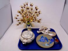 A tray of cloisonne dish, gilded metal shot glass, silver and enamelled spoon, Japanese teapot,