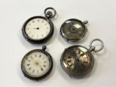 Four silver fob watches