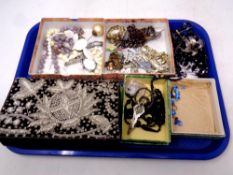 A tray of costume jewellery, bead necklaces, simulated jet,