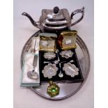A silver plated oval gallery tray together with four silver salts with spoons, silver teapot,