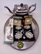 A silver plated oval gallery tray together with four silver salts with spoons, silver teapot,