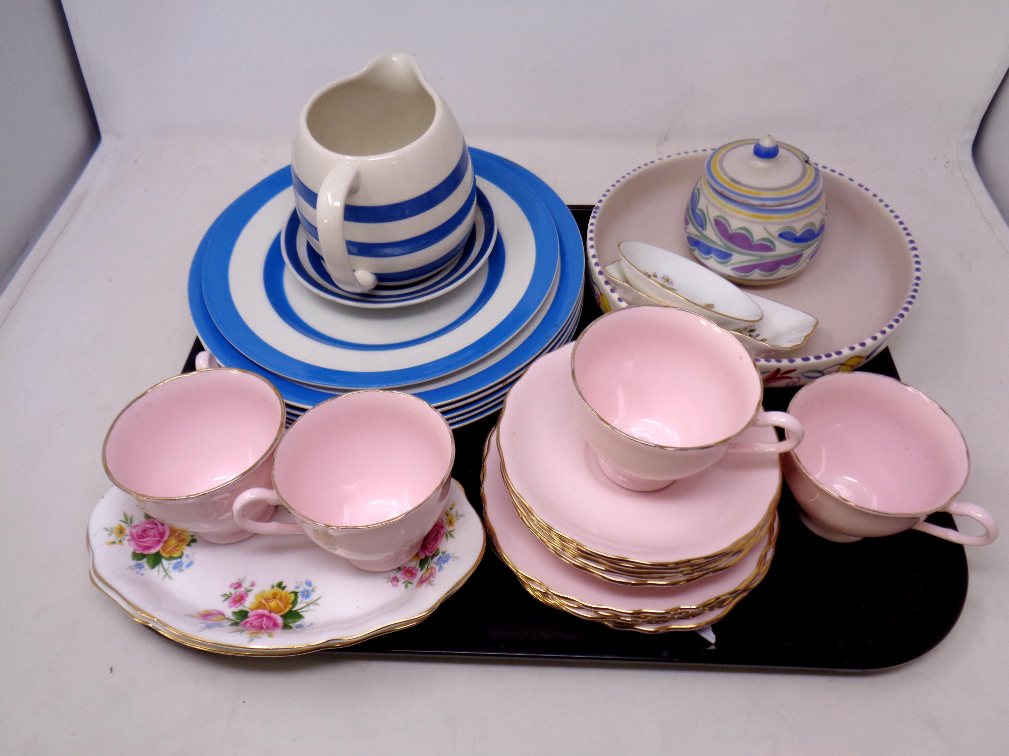 A tray of assorted ceramics, Poole pottery bowl, preserve pot,