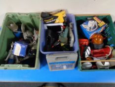 Three crates of power tools, electric stapler, nail gun, torches, camping stoves,