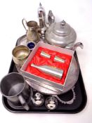 A tray of pewter wares, silver plated gallery serving tray,