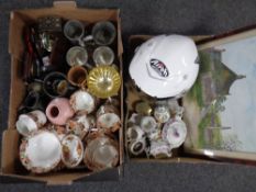Two boxes containing miscellanea to include golfing trophies, Victorian tea service,