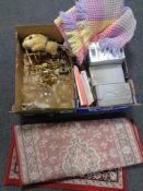 Two boxes containing a Sony micro HiFi system, fringe woolen rug, brass wall lights, shades,