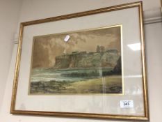 A B Hemy watercolour, Tynemouth priory with pier beyond, 30.5x21.