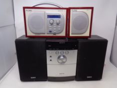 A Sony micro hifi system together with a Pure Evoke-1 DAB radio with speaker