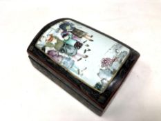 A Chinese export lacquered box inset with a 19th century porcelain tile, height 9 cm, width21 cm,