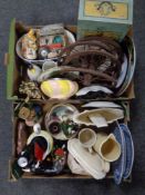 Two boxes containing miscellanea to include assorted ceramics, a set of four wooden pram wheels,