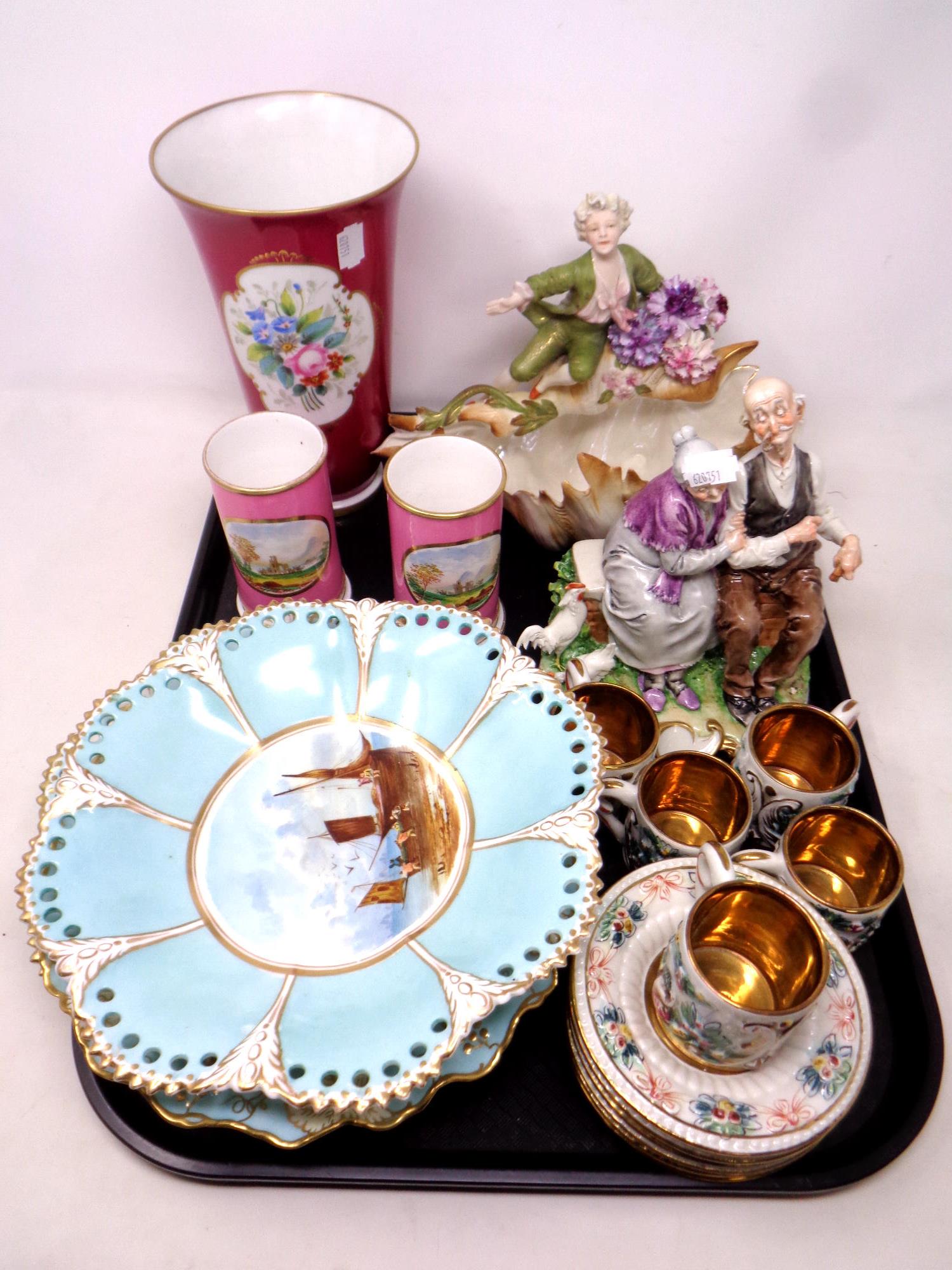 A tray of Portuguese porcelain vase, Continental ornaments,