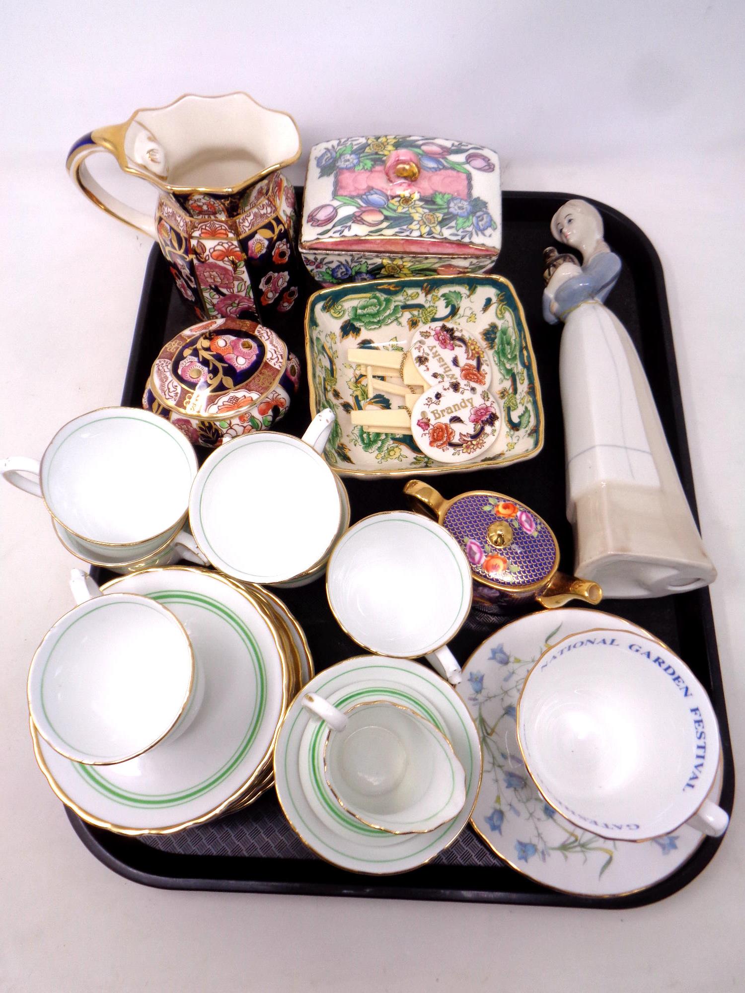 A tray of Mason's ironstone Imari patterned jug and trinket box, Mason's decanter labels,