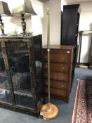 Two 1930's brass standard lamps, one on beech base,