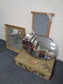A vintage canvas trunk together with a washboard gilt framed bevel edged mirror and a further