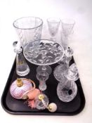 A tray containing two glass atomisers, Royal Doulton crystal decanter,