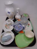 A tray of assorted ceramics to include Maling Rosine lidded powder bowl, Aynsley vases, Spode dish,
