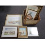 A box containing assorted pictures to include oil on canvas boat off a coastline signed Gabri,