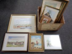 A box containing assorted pictures to include oil on canvas boat off a coastline signed Gabri,