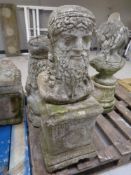 A concrete garden figure of a classical emperor on plinth.