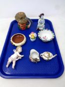 A tray of assorted ceramics - Royal Doulton poacher decanter, Torquay pottery dish, flower posy,