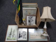 A brass and marble table lamp with shade together with a box containing assorted framed pictures