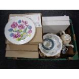 A box containing assorted ceramics to include Bradford Exchange Royal Albert collectors plates,