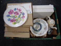 A box containing assorted ceramics to include Bradford Exchange Royal Albert collectors plates,