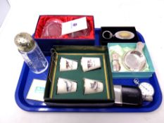 A tray of cut glass sifter, hip flask, boxed brandy glasses,