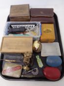 A tray of miscellany to include Mauchline box, cased spectacles, precision tools,