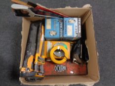 A box containing two vintage Marchal fantastic car head lamps (boxed) saws, tile cutter,
