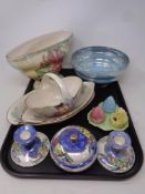 A tray containing Maling china to include three piece cruet set on stand,