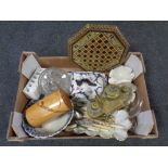 A box containing miscellanea to include 19th century cheese dish with cover,