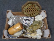 A box containing miscellanea to include 19th century cheese dish with cover,