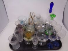 A tray of 20th century glass ware to include two tone liqueur glasses, etched glass beakers,
