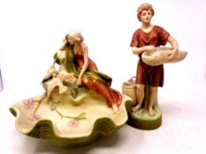 A Royal Dux shell dish, surmounted by seated female figure and two doves,