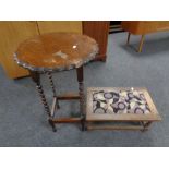 An Edwardian oak barley twist occasional table together with a further oak tapestry upholstered