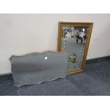 A hand painted etched glass bevel edged mirror in gilt frame together with a further shaped