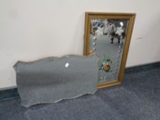 A hand painted etched glass bevel edged mirror in gilt frame together with a further shaped