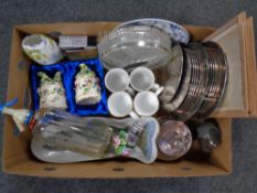 A box containing miscellanea to include vintage Britannia soda siphon, commemorative mugs,