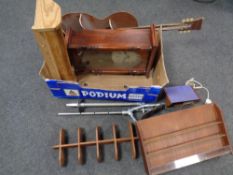 A box containing miscellanea to include mid 20th century Danish teak letter rack and wall light,