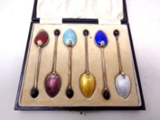 A cased set of six silver and enamel teaspoons CONDITION REPORT: These are in good