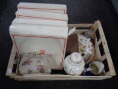 A crate containing assorted ceramics to include boxed Spode cabinet collection shell dishes,