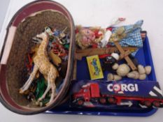 A tray containing two vintage hand puppets, Corgi die cast wagon with trailer in box,