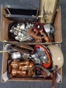 Two boxes containing miscellaneous metalware to include copper jugs, tankards, animal horn,