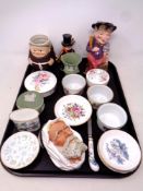 A tray of Wedgwood green Jasperware lidded trinket box and vase, Royal Worcester ramekins,