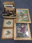 A box of a quantity of assorted framed pictures, picture frames,