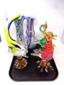 A tray of three Murano glass ornaments comprising a fish and two birds together with two Murano