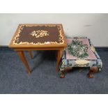 A 19th century beaded footstool on claw and ball feet together with a musical occasional table